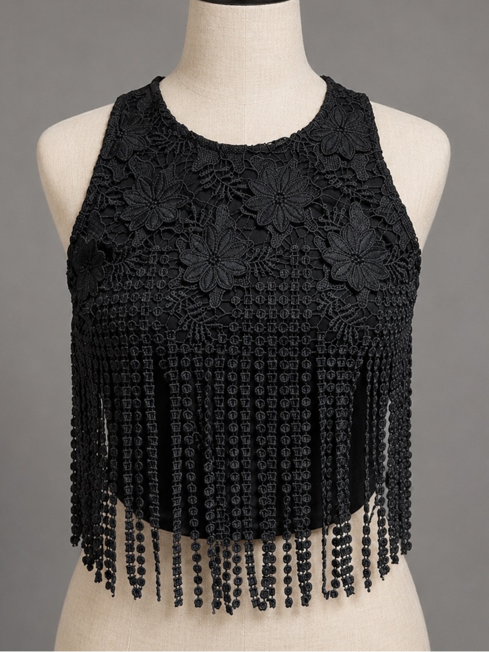 Black VINTAGE BoHo Cropped Fringe Top Top XS/S